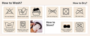 Care guide for seamless bra showing washing icons and laundry bag for maintenance