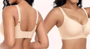 Detail view of seamless deep V-neck wireless bra showing front mesh and U-back clasp
