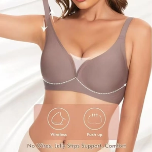 Seamless deep V wireless push up bra for women with jelly strip support in mauve color