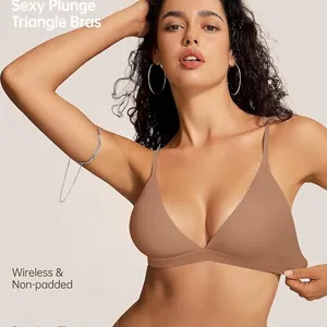 Brown wireless triangle bra for women with a sexy plunge design and non-padded cups