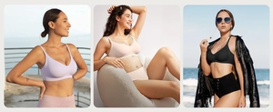 Three seamless wire-free bras in purple, beige and black shown in lifestyle settings