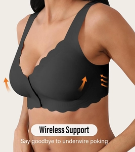 Women's seamless black front closure wireless bra with lifting support and wave edges