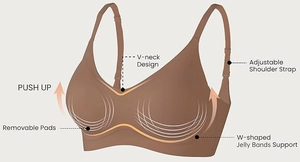Detail showing V-neck seamless bra with adjustable straps and W-shaped jelly support