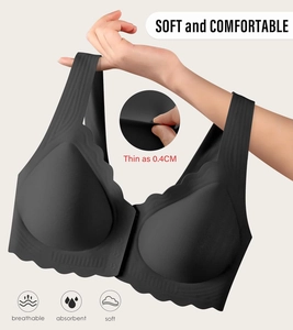 Women's seamless black front closure bra with 0.4cm ultra-thin design and wavy edges