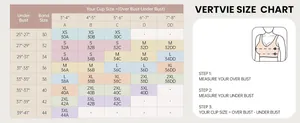 Size chart for seamless wire-free bras with measurement guide for sizes XS to 3XL