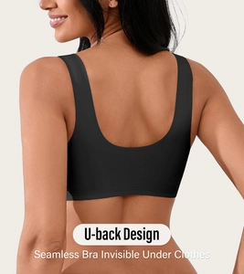 Seamless black U-back bra with invisible design for women, shown on a model from behind