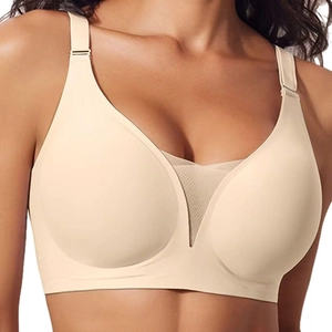 Seamless Deep V wireless push-up bra in beige color with breathable mesh detail