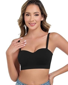 Close-up of black seamless bandeau bra with thin straps and smooth elastic fabric detail