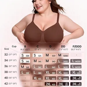 Women's seamless non-wired bra size chart with cup and band measurements from S to 2XL