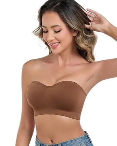 Close-up of brown seamless strapless bandeau bra with sweetheart neckline on model