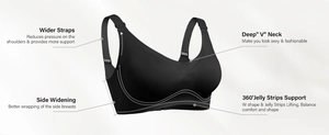 Detail showing the W-shaped jelly support strips and wide wings on seamless black bra