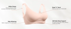 Detail of nude seamless V-neck bra with wide shoulder straps and jelly strip support