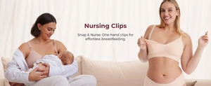 Dettaglio delle clip per allattamento su un reggiseno premaman beige senza cuciture
