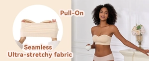 Detail showing seamless high-stretch fabric of the skin-tone strapless bandeau bra
