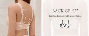 Detail of nude seamless bra with 1 inch wide straps and U-shaped back for comfort