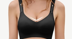 Seamless wireless black V-neck bra with wide shoulder straps for lift and support