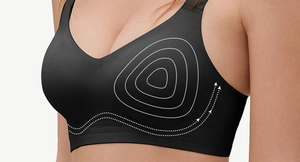 Close-up of seamless black bra featuring wide straps and supportive shaping compression