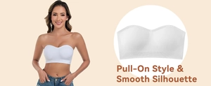 Close-up of white pull-on strapless bra showing smooth silhouette and seamless elastic fabric