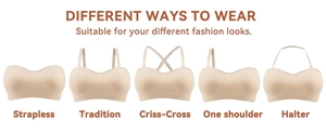 Women's seamless strapless bra showing five versatile wearing styles in beige