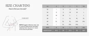 Comprehensive size chart for women's wireless bra showing US sizes from 32B to 42D