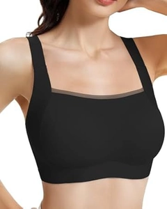 Detail of black seamless bra with mesh trim and wide shoulder straps for comfort