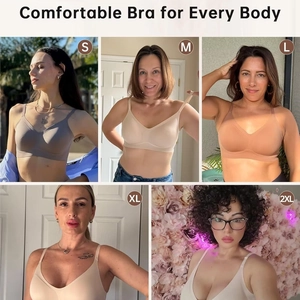 Seamless wire-free jelly bra shown on diverse body types from S to 2XL sizes