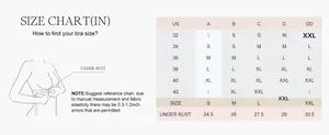Size chart for seamless bra in inches covering US sizes 32 to 42 and A to DD cups