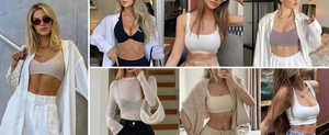 Collage of seamless ribbed crop tops and V-neck vests in neutral summer colors
