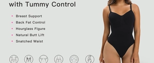 Dettaglio del body contenitivo nero senza cuciture con scollo a V e icone funzionali