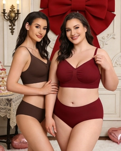 Women's wire-free seamless bras and panties set in deep red and chocolate brown