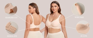 Detailed view of seamless deep V wireless bra featuring 3D cups and hook-and-eye closure