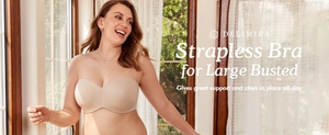 Detail view of skin tone strapless minimizer bra with wide wings for extra support