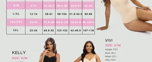Tabella taglie dettagliata per body snellente donna con misure modella e taglie americane