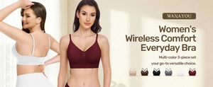 U-shaped back design of wireless comfort bras in a 3-piece set with adjustable straps