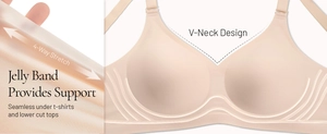 Detail of skin-tone seamless bra showing 4-way stretch fabric and supportive jelly band