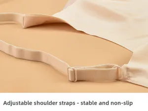 Close-up of adjustable elastic bra shoulder strap with matching buckle on nude fabric