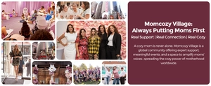 Collage di eventi Momcozy e storia del brand con diverse madri e display urbani