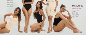 Dettaglio body modellante senza cuciture con tabella taglie e misure della modella