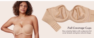 Detail of nude pink strapless bra showing full coverage underwire and non-stretch fabric