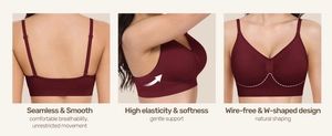 Seamless wire-free bra in deep red with W-shaped support and high elasticity back view