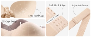 Detail of seamless deep V bra showing semi-fixed cups, 4-row hooks, and adjustable straps