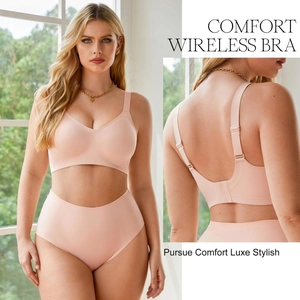 Women seamless wireless bra and high waist panties set with comfortable V-neck design