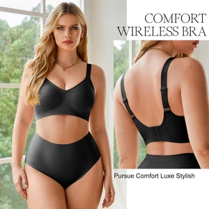 Seamless black wire-free bra set with high-waist panties in soft, smooth fabric