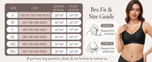 Size guide for wireless deep V bra showing measurements for S to 3XL with a fitting model