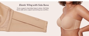 Detail of elastic side wings and side bone support for beige strapless minimizer bra