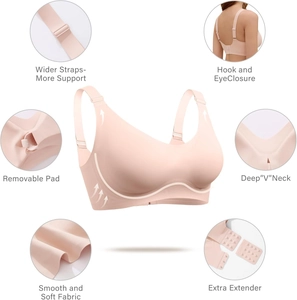 Seamless full coverage wireless V-neck bra with removable pads and extra extension hook