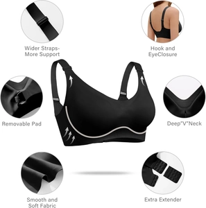 Women's seamless V-neck wire-free bra with wide straps and hook-and-eye closure in black