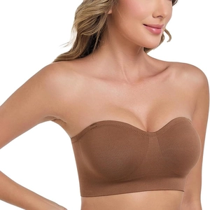 Seamless strapless bandeau bra in brown coffee shade with high-stretch ribbed fabric