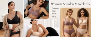 Deep V-neck seamless wireless bra and matching panties in neutral skin tones and black