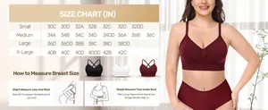 Women's wire-free bra size chart from S to XL with upper and underbust measuring guide